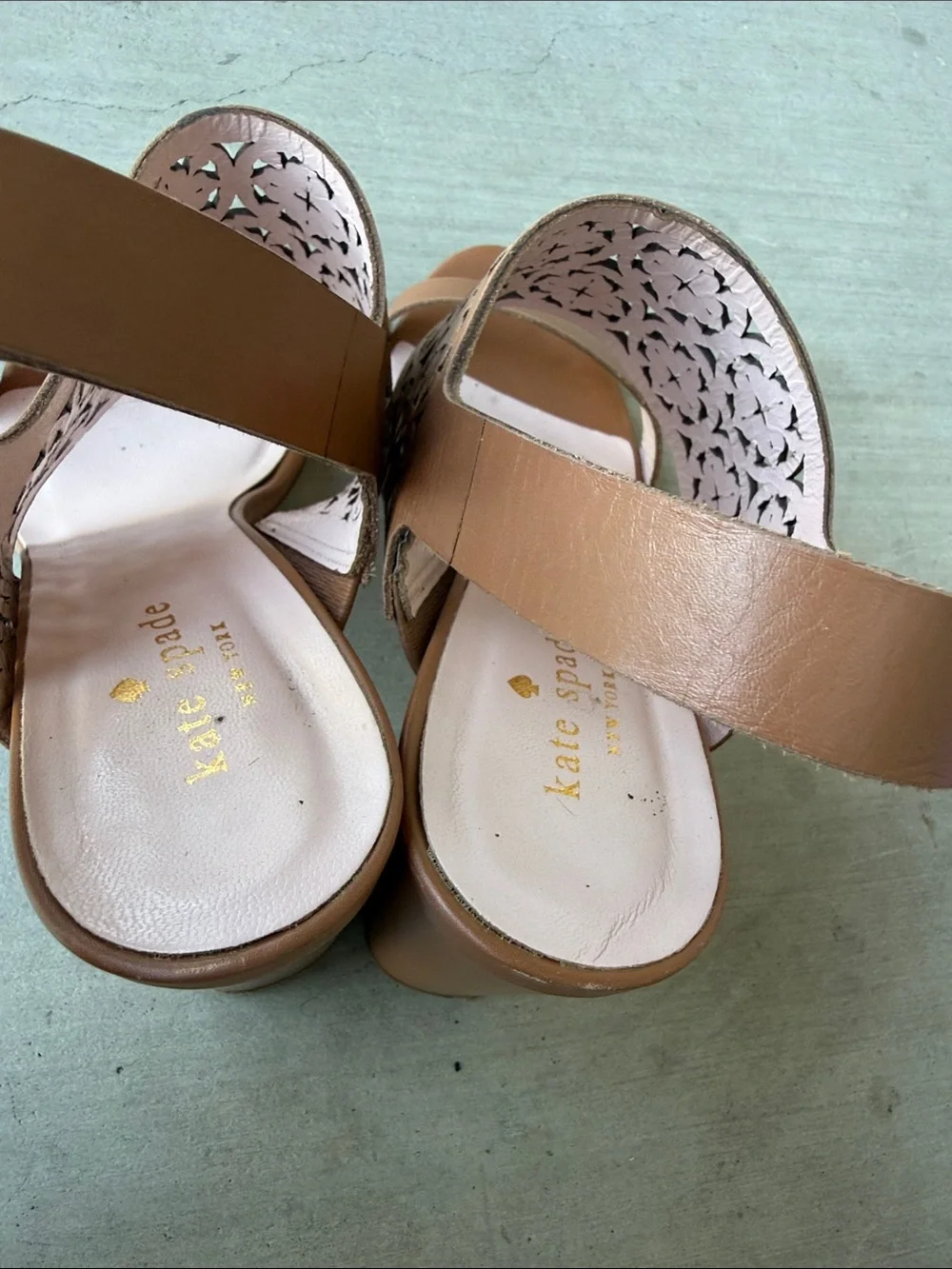 kate spade Tan Laser-Cut Leather Slingback Heels with Pink Insole